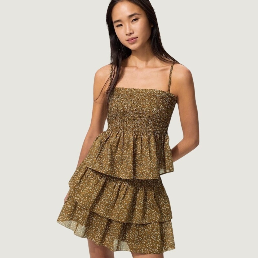 Uniqlo Brown Ditsy Floral Smocked Cami Bra Tiered Skirt Set Large Cotton Boho